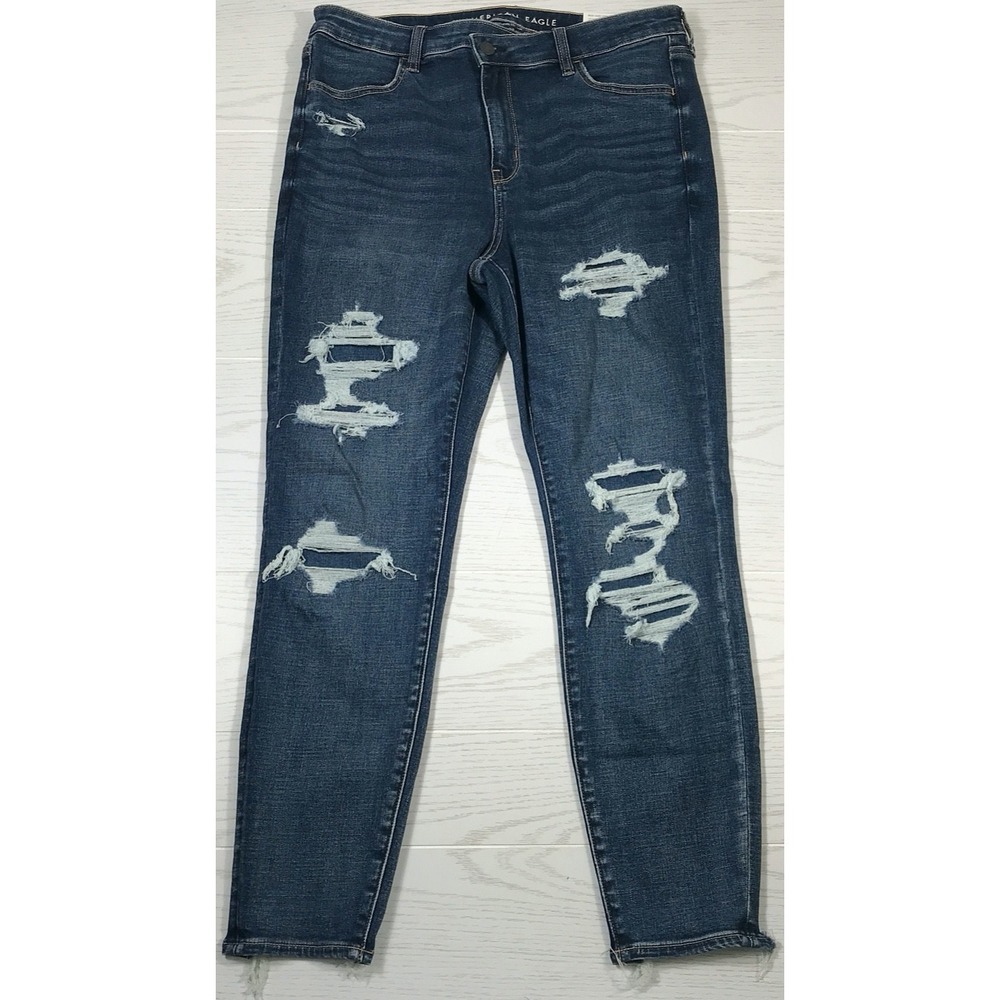 American Eagle Next Level Stretch High Rise Jegging Women 16 Blue Distressed New